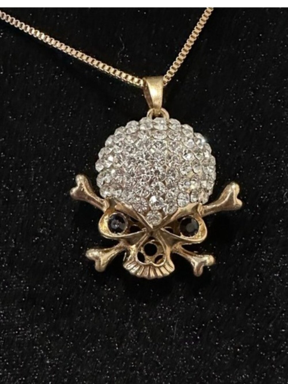 Skull Pendant Necklace Rhinestone Accent Gold Tone 28 Inch Length